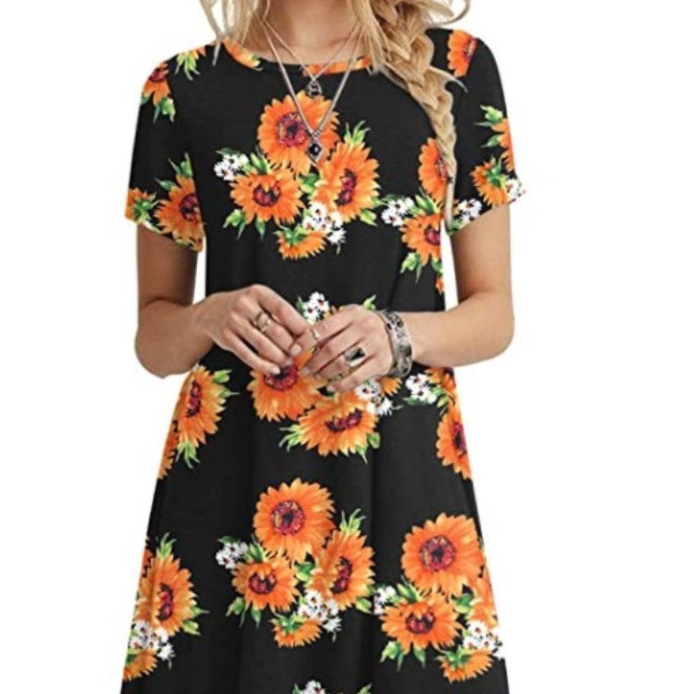 Women's Sunflower Short Sleeve Midi Boho Dress